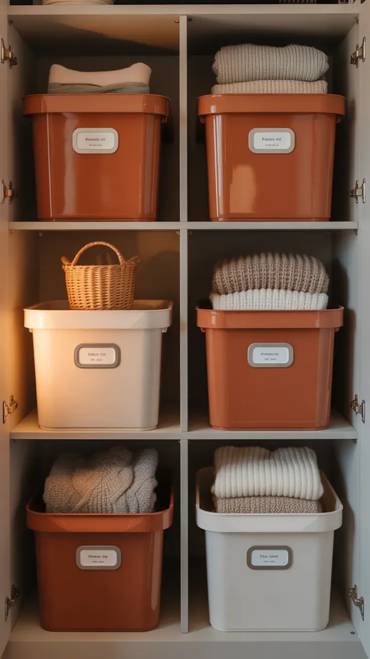 Terracotta and white storage bins organizing small closet shelf items