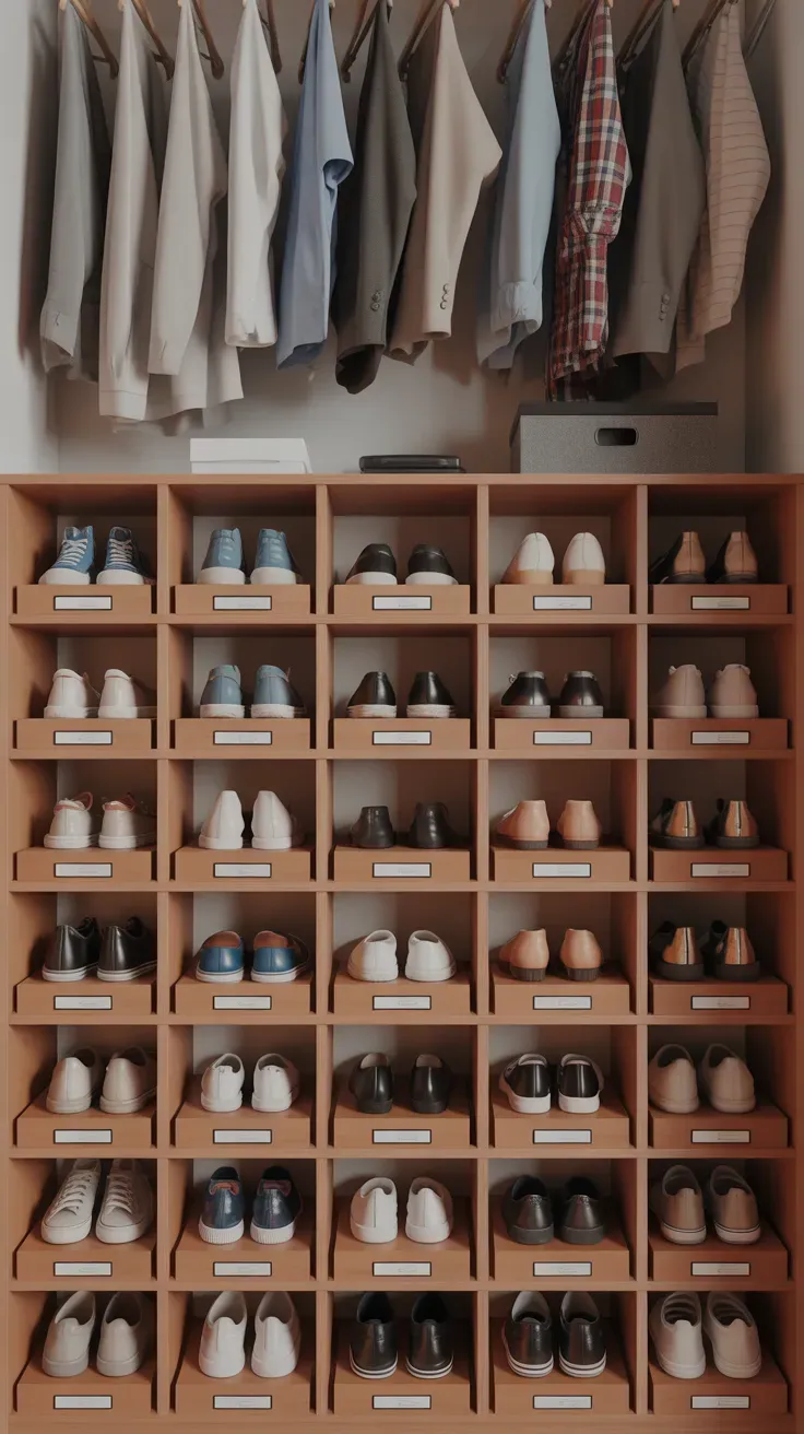Wire basket attached under closet shelf adding extra storage layer