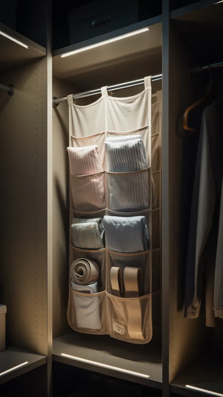 Vertical shelf dividers separating folded sweaters in small closet