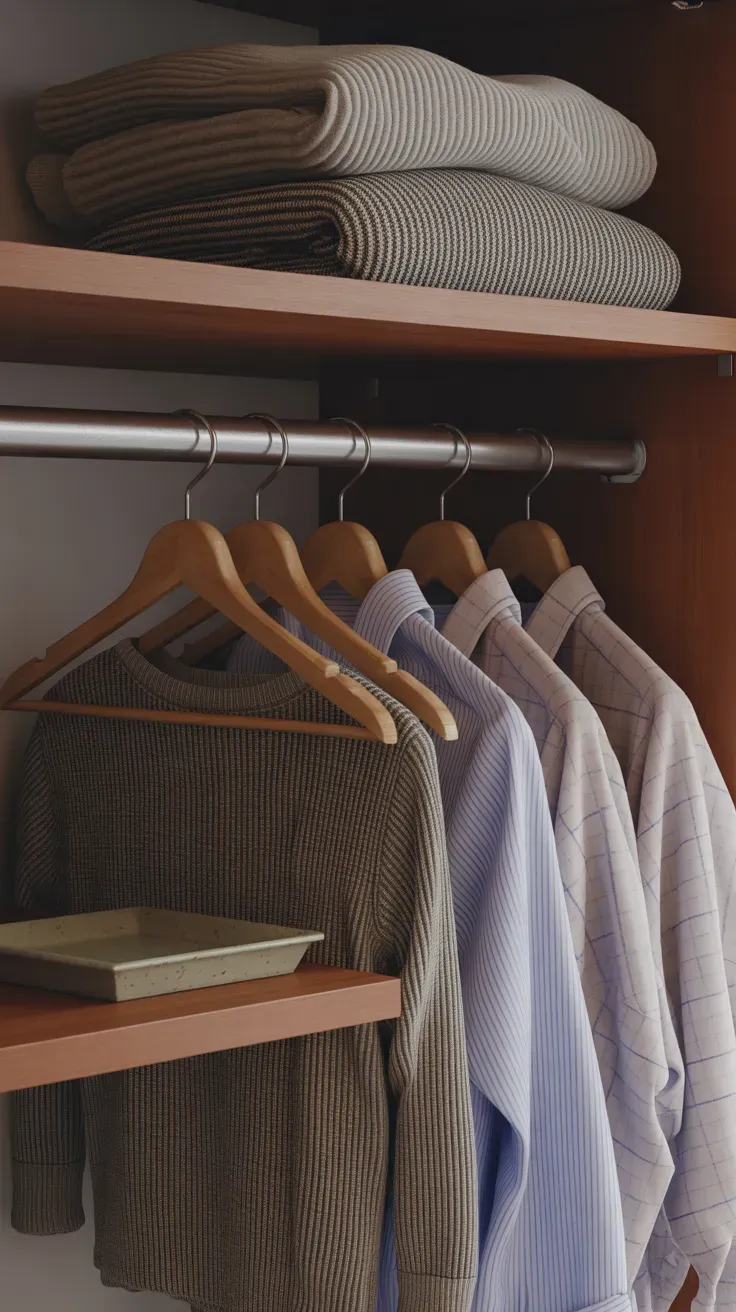 Warm wood hangers matching closet shelf tone in small closet