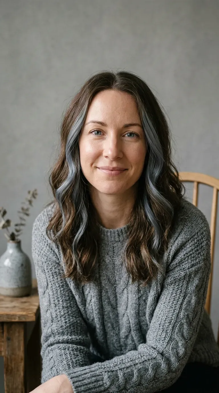 Close-up of woman with brunette hair and soft blue-gray balayage strands near the face