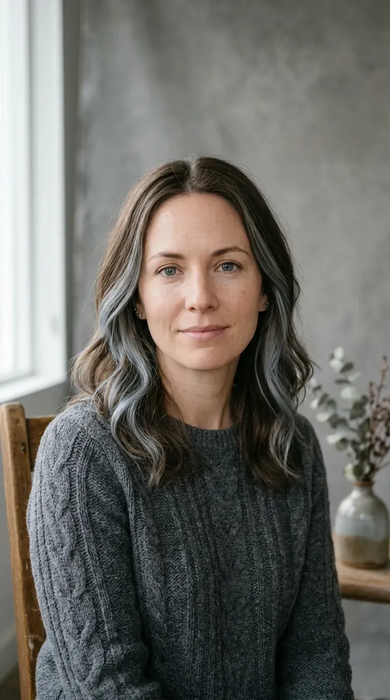 Close-up of woman with brunette hair and soft blue-gray balayage strands near the face