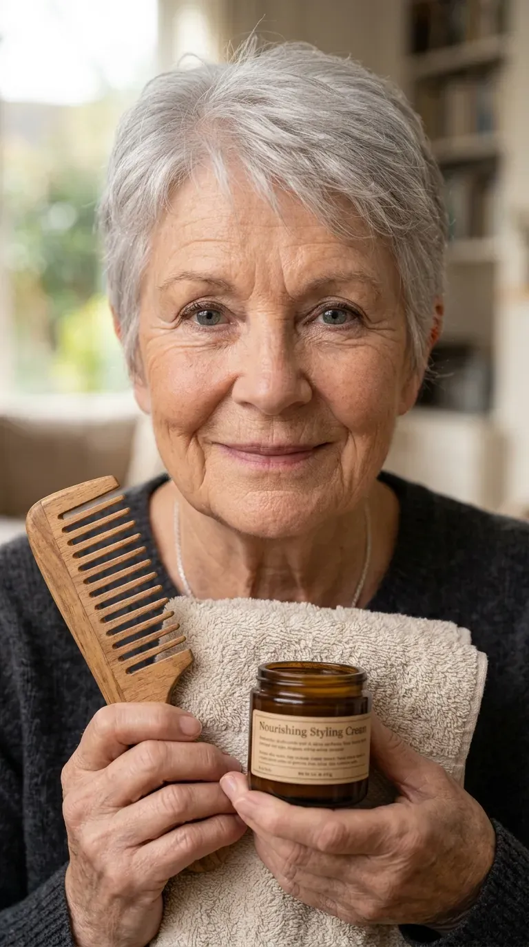 Elderly woman with a soft, cropped pixie haircut styled close to the head
