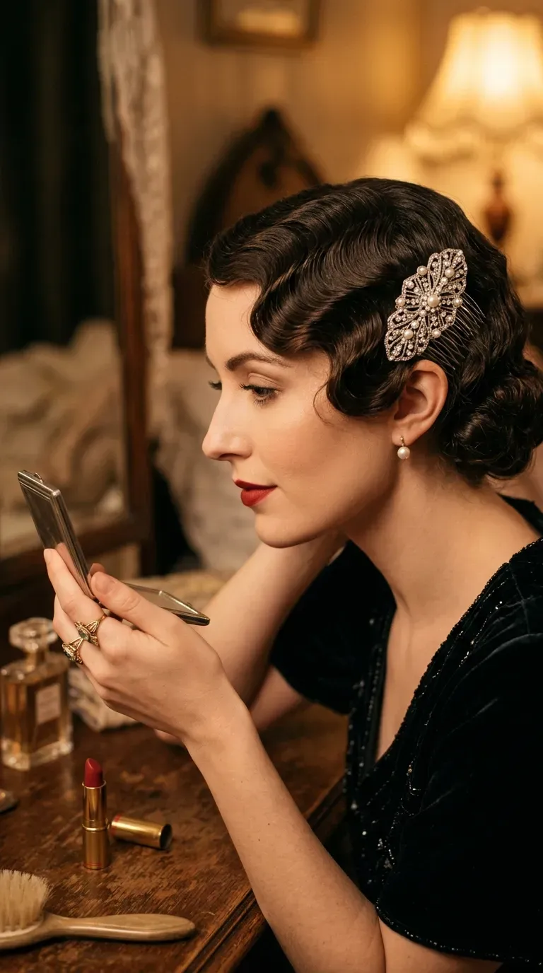Woman with fine hair wearing soft vintage-style finger waves for a glamorous party