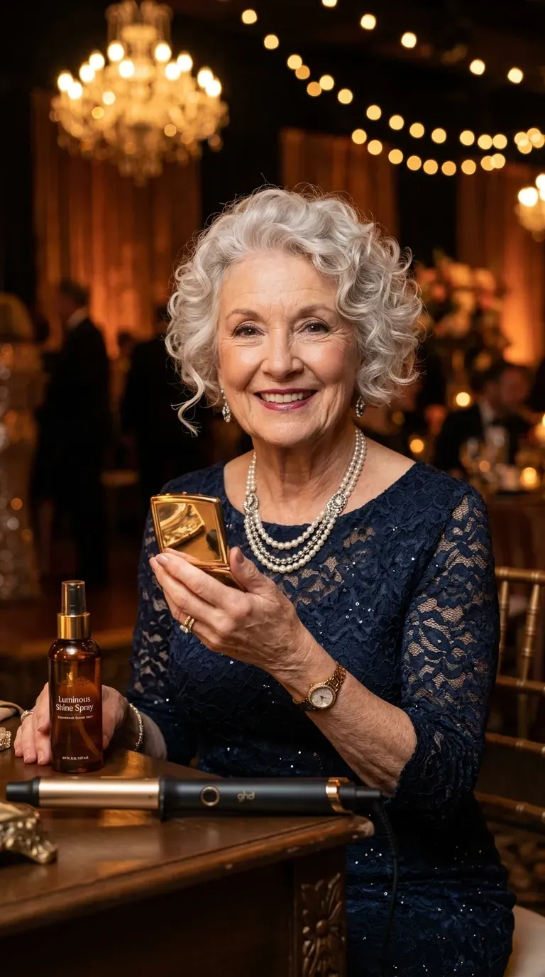 Elderly woman with a short crop styled with soft glamorous curls for an event