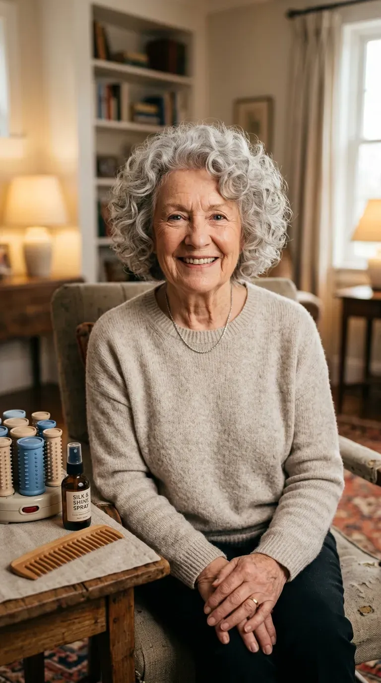 Elderly woman with soft curls styled evenly around the head like a halo