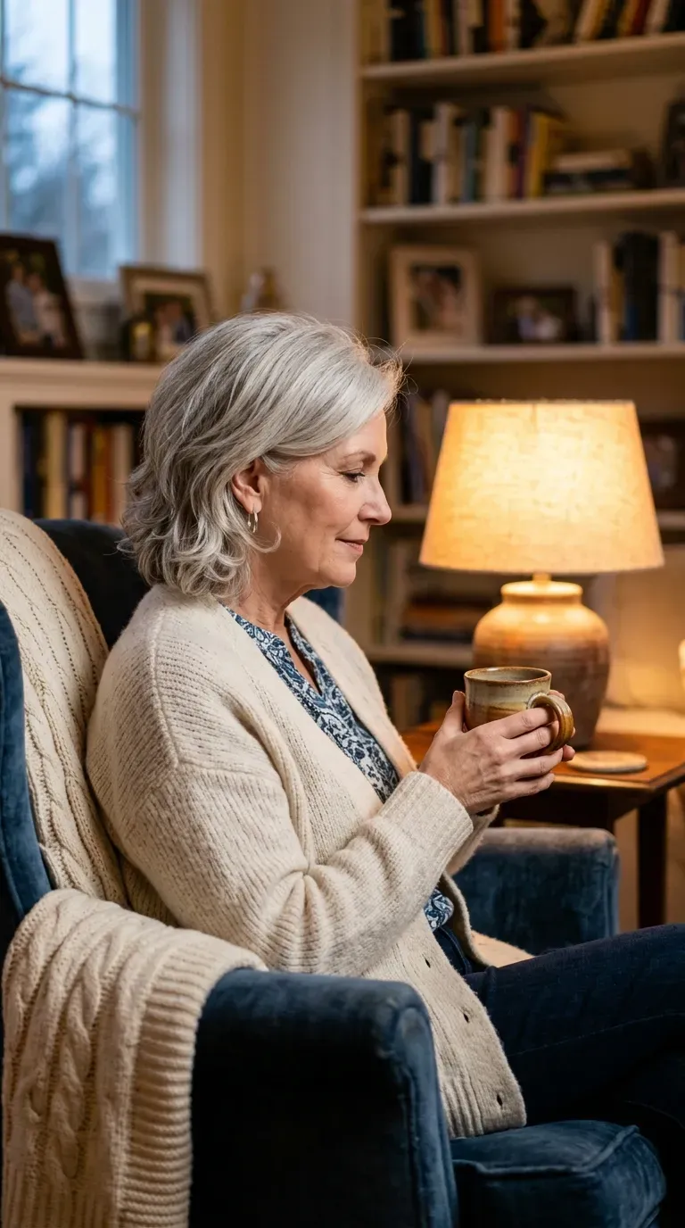 Woman over 60 with silver soft layered bob and gentle volume in a cozy living room