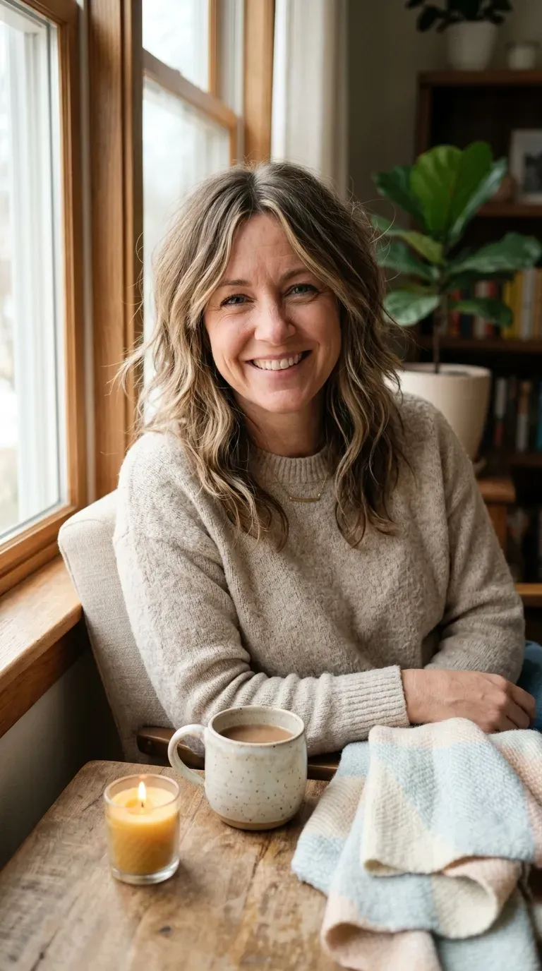 Woman over 40 with soft layered shag and face-framing layers styled with natural texture