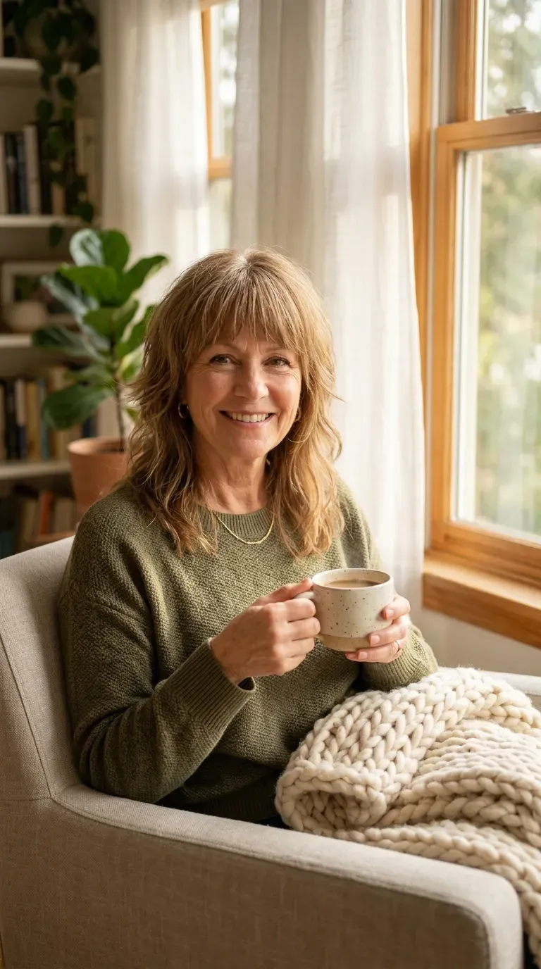 Woman with thin fine hair wearing a soft layered shag paired with a full fringe