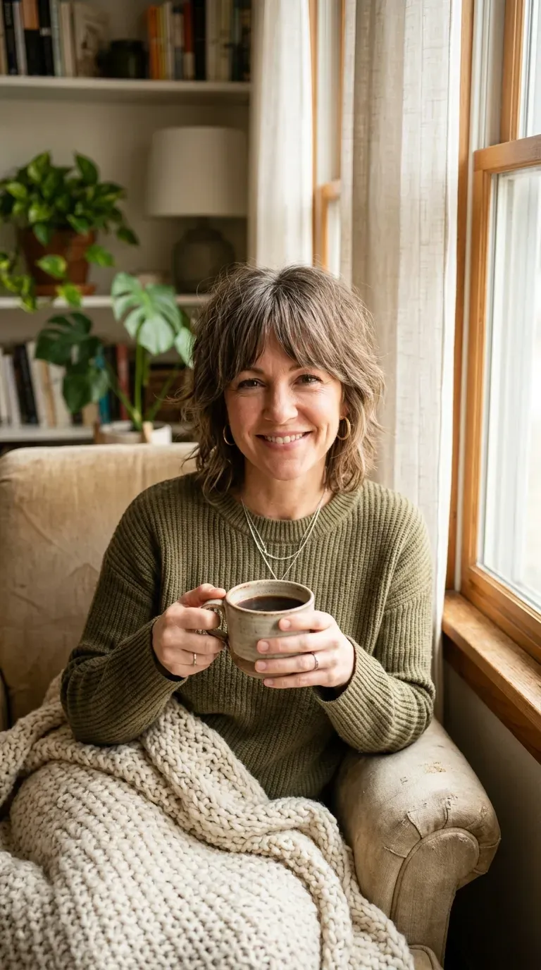 Woman over 40 with soft shag haircut and curtain bangs framing the face