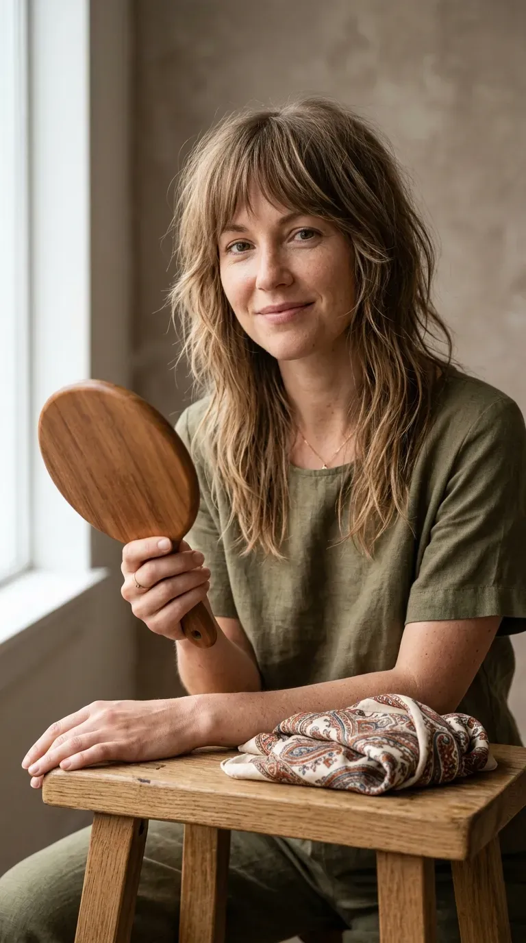 Woman with thin fine hair wearing a soft shag haircut with piecey separated bangs
