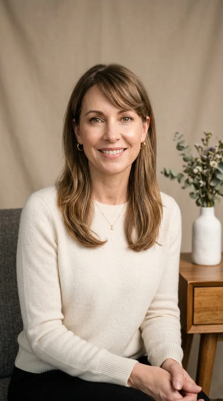 Woman over 40 with soft side-swept bangs styled gently to one side
