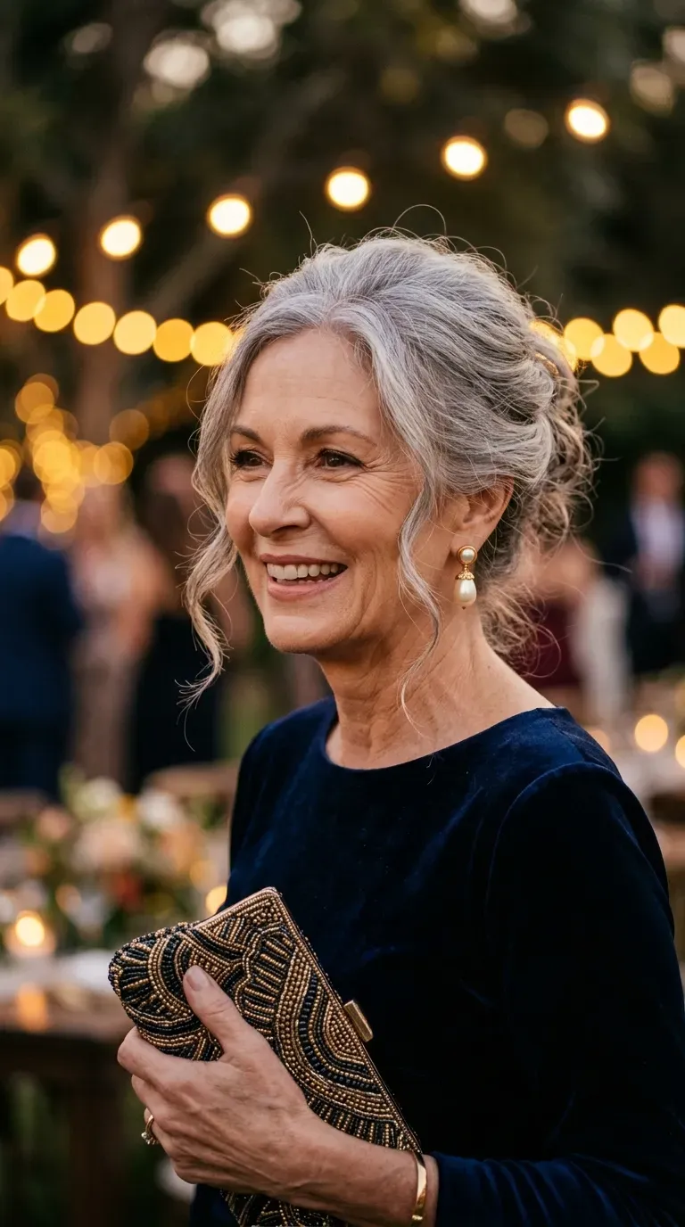 Woman over 60 with elegant soft updo hairstyle for an evening event with soft lighting
