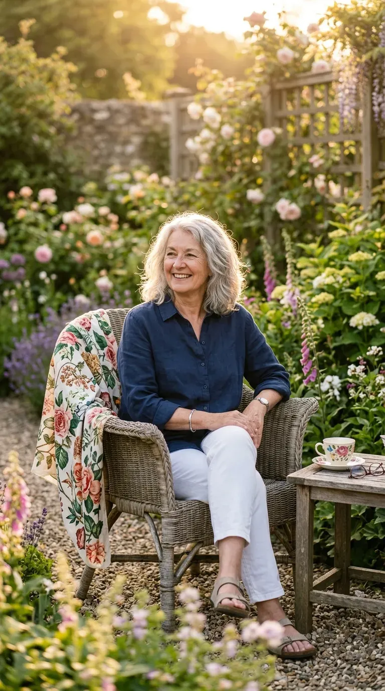 Woman over 60 with shoulder-length soft wavy gray hair relaxing in a garden setting