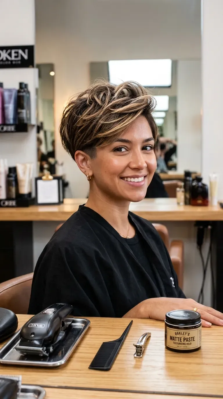Woman with a middle-parted stacked bob featuring soft face-framing layers