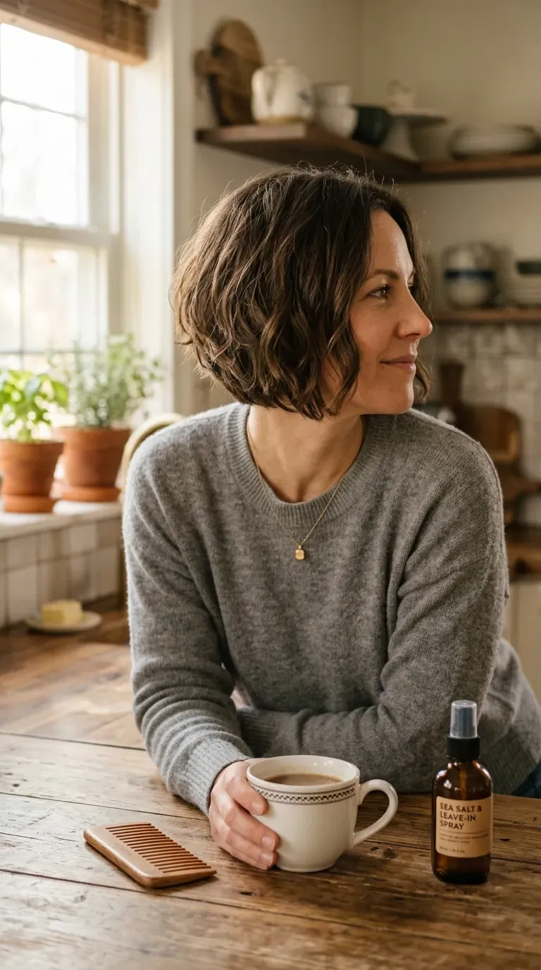 Woman with a stacked bob featuring separated, piecey ends for added texture
