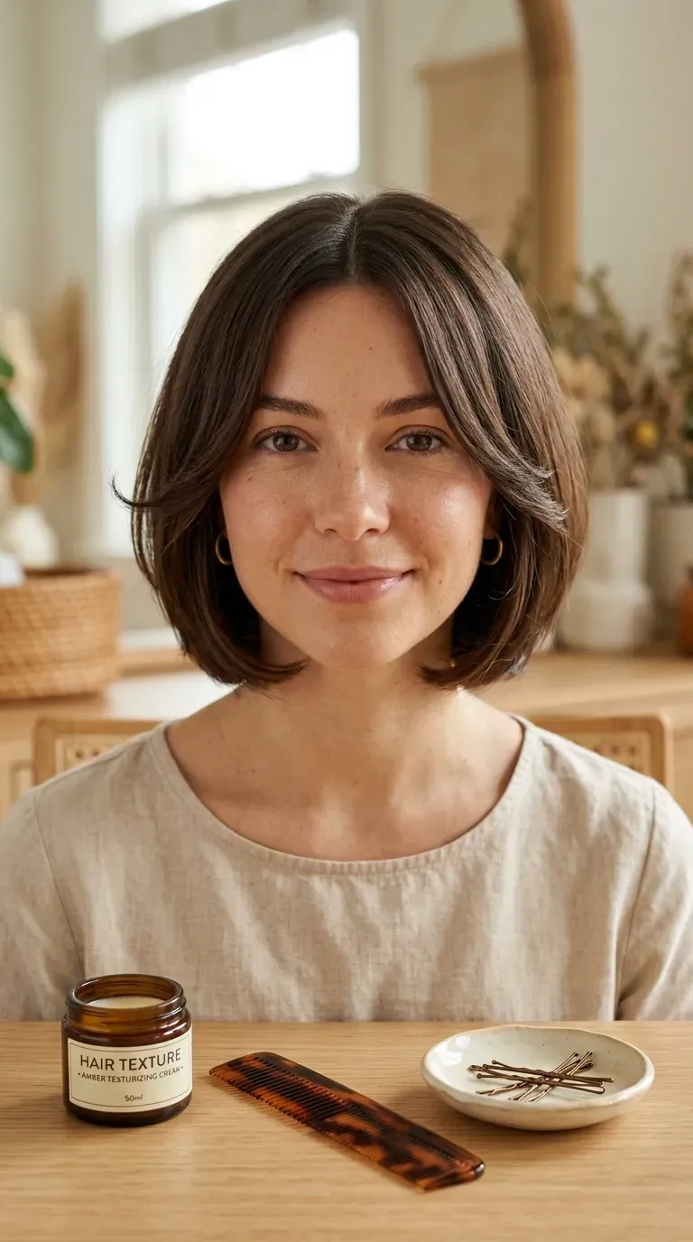 Woman with a stacked bob styled with a deep side part for asymmetry and volume