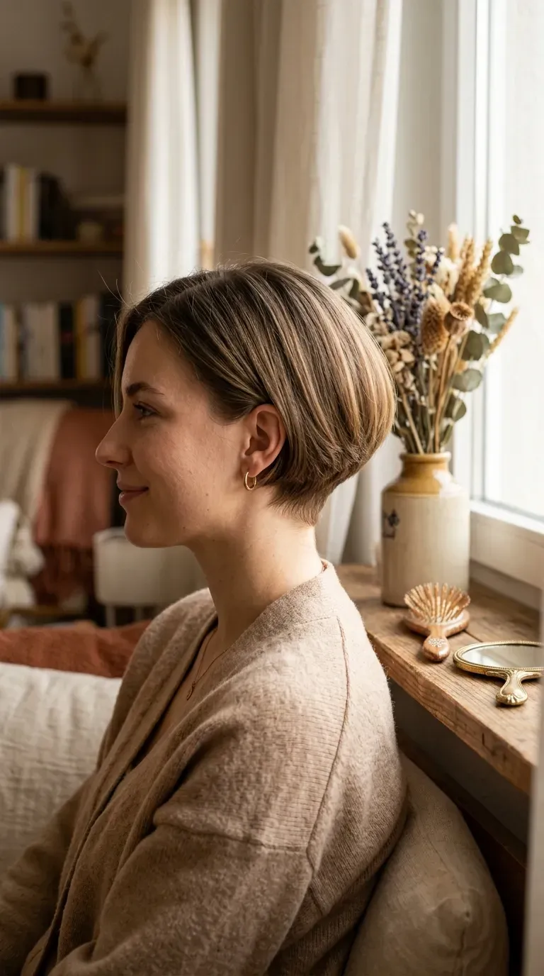 Woman with a stacked bob featuring subtle, dimensional highlights throughout the layers