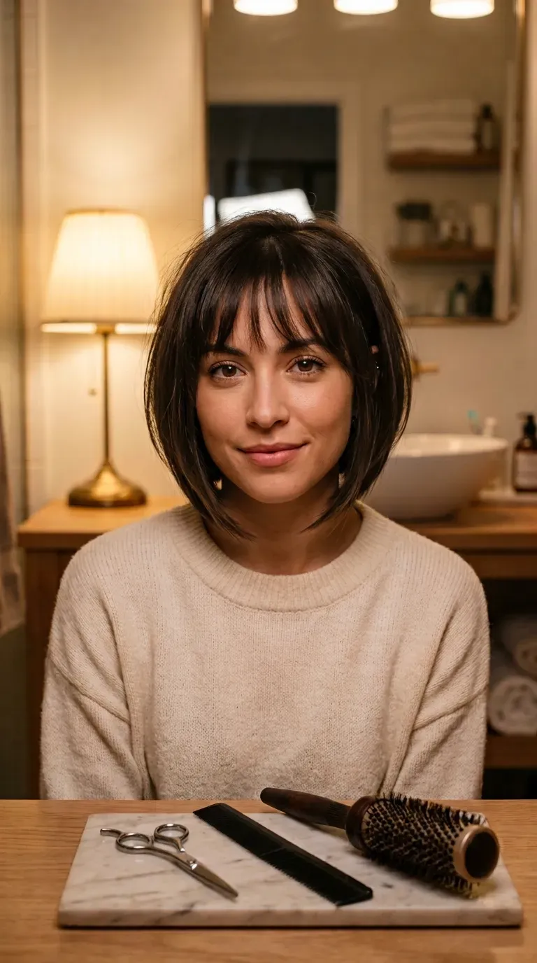 Woman with a stacked bob cut to remove bulk from naturally thick, heavy hair