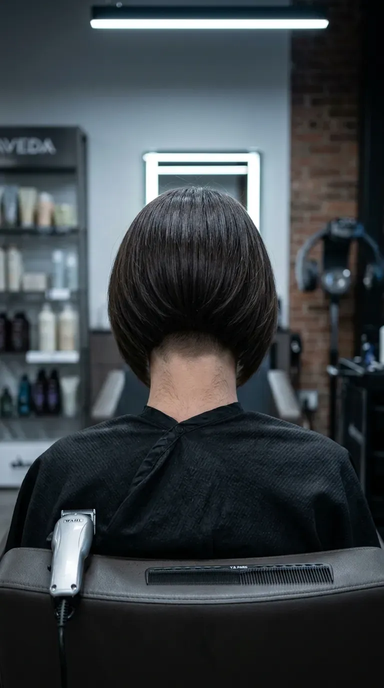 Woman with a stacked bob revealing a subtle shaved undercut at the nape