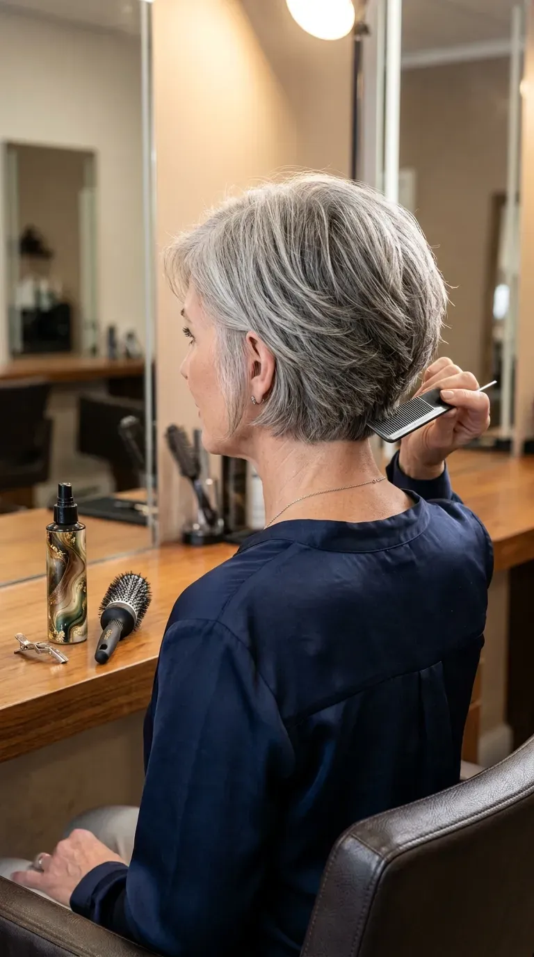 Woman over 60 with a stacked choppy bob, fuller and layered at the back