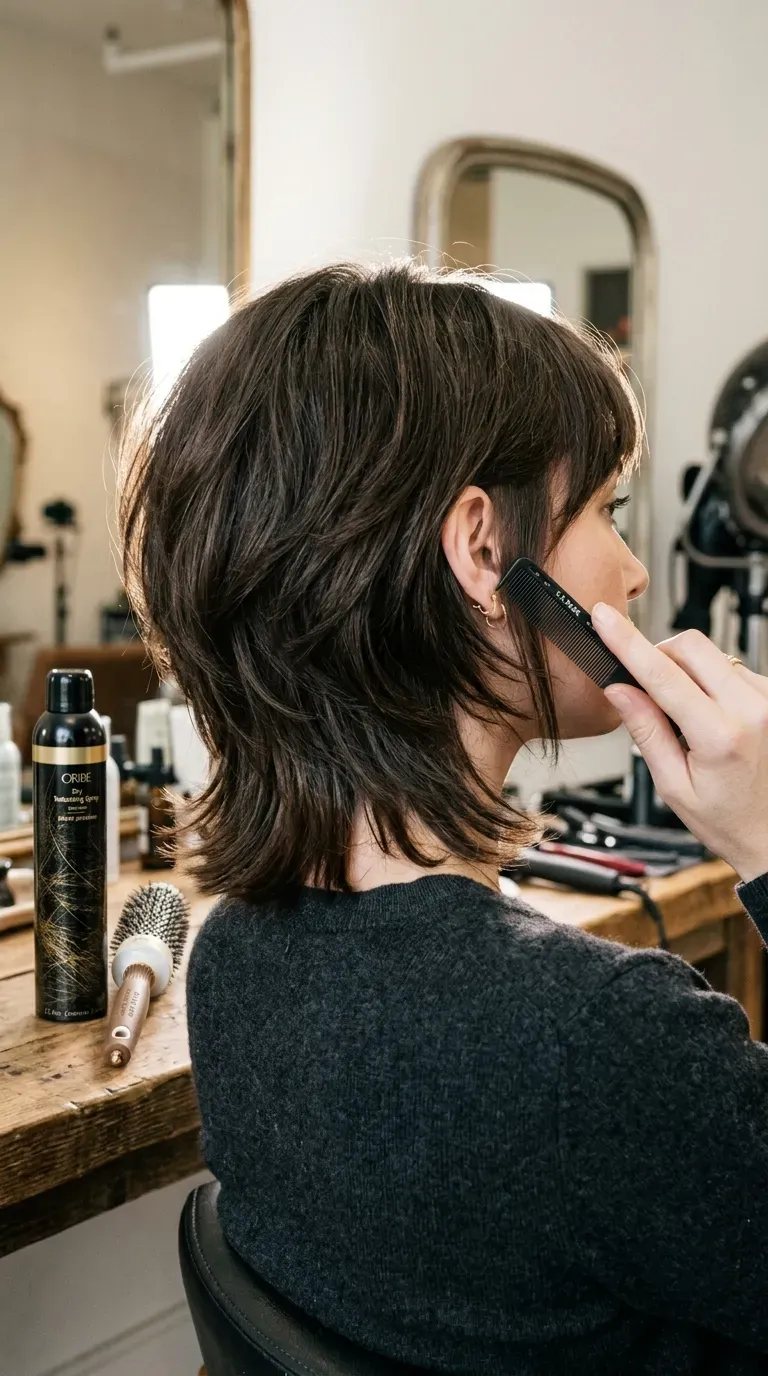 Woman with a stacked shaggy bob, fuller and layered at the back