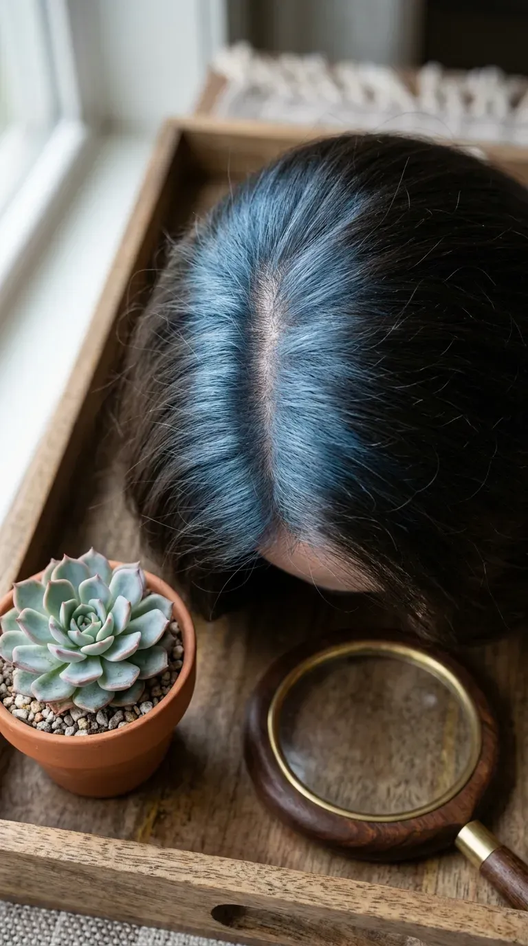 Close-up of hairline showing soft steel blue root melt blending into brunette roots