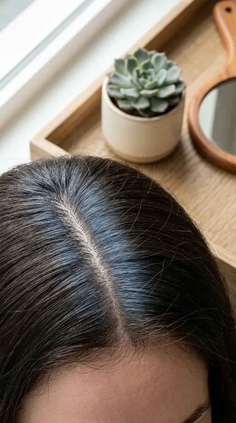 Close-up of hairline showing soft steel blue root melt blending into brunette roots