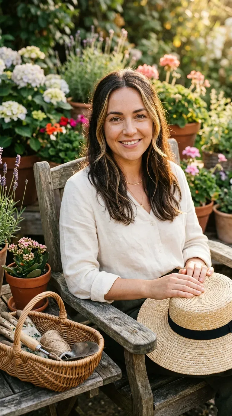 Close-up of woman with dark brunette hair and subtle sun-kissed money piece in a garden