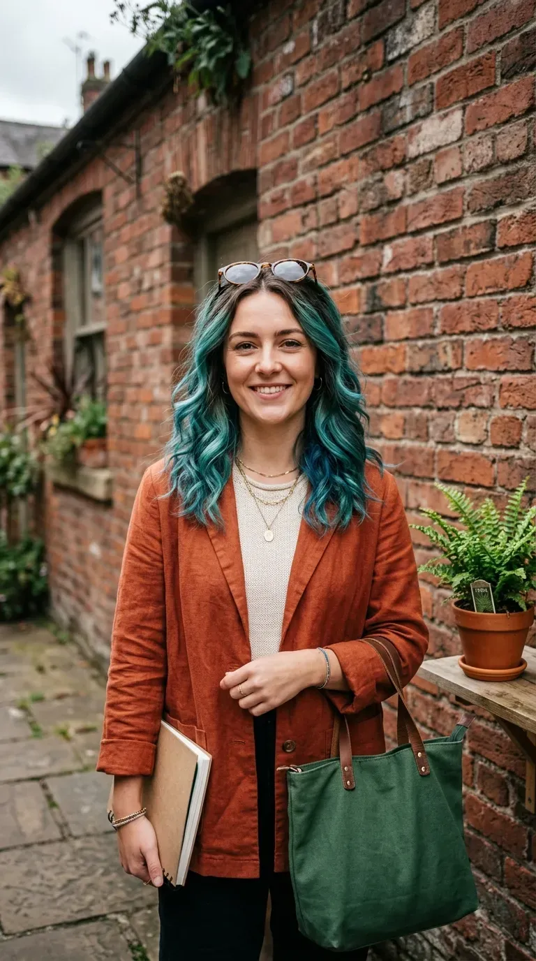 Woman with brunette hair and multi-tonal teal-blue dimensional balayage highlights
