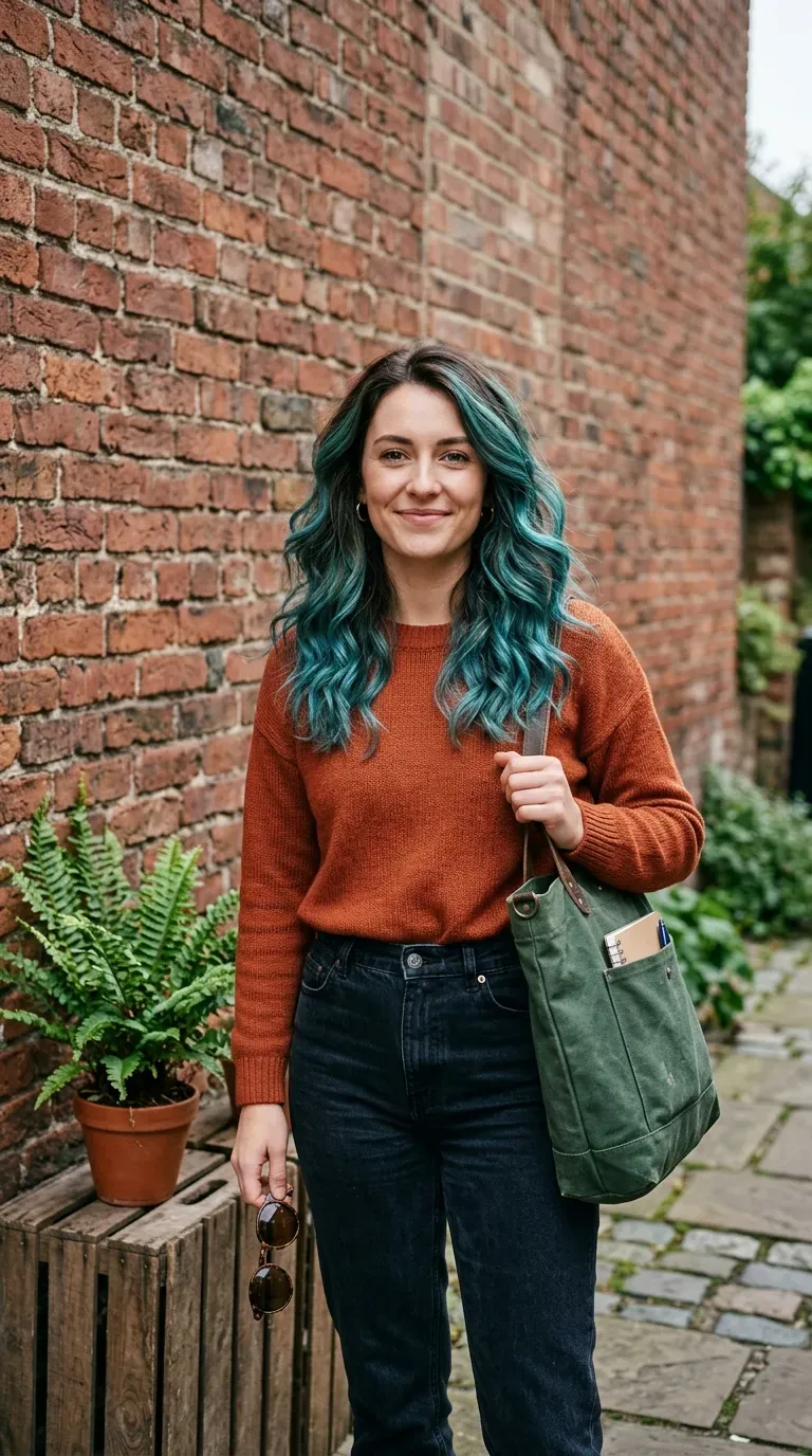 Woman with brunette hair and multi-tonal teal-blue dimensional balayage highlights