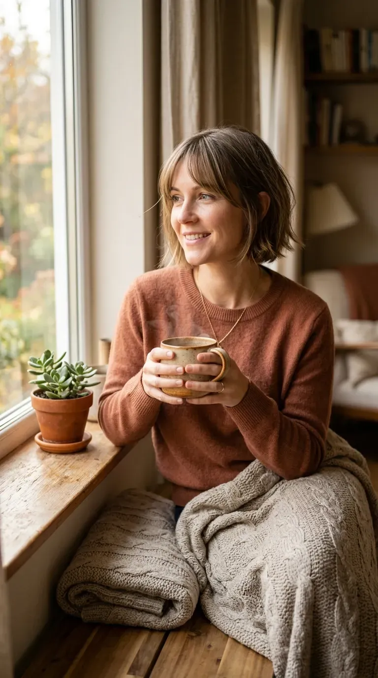 Woman with thin fine hair wearing a textured bob and curtain bangs parted softly