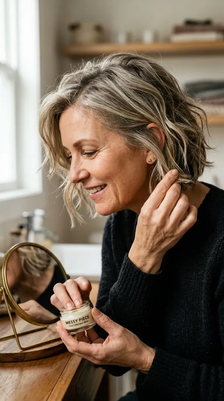 Woman over 50 with a textured bob featuring piecey, separated ends