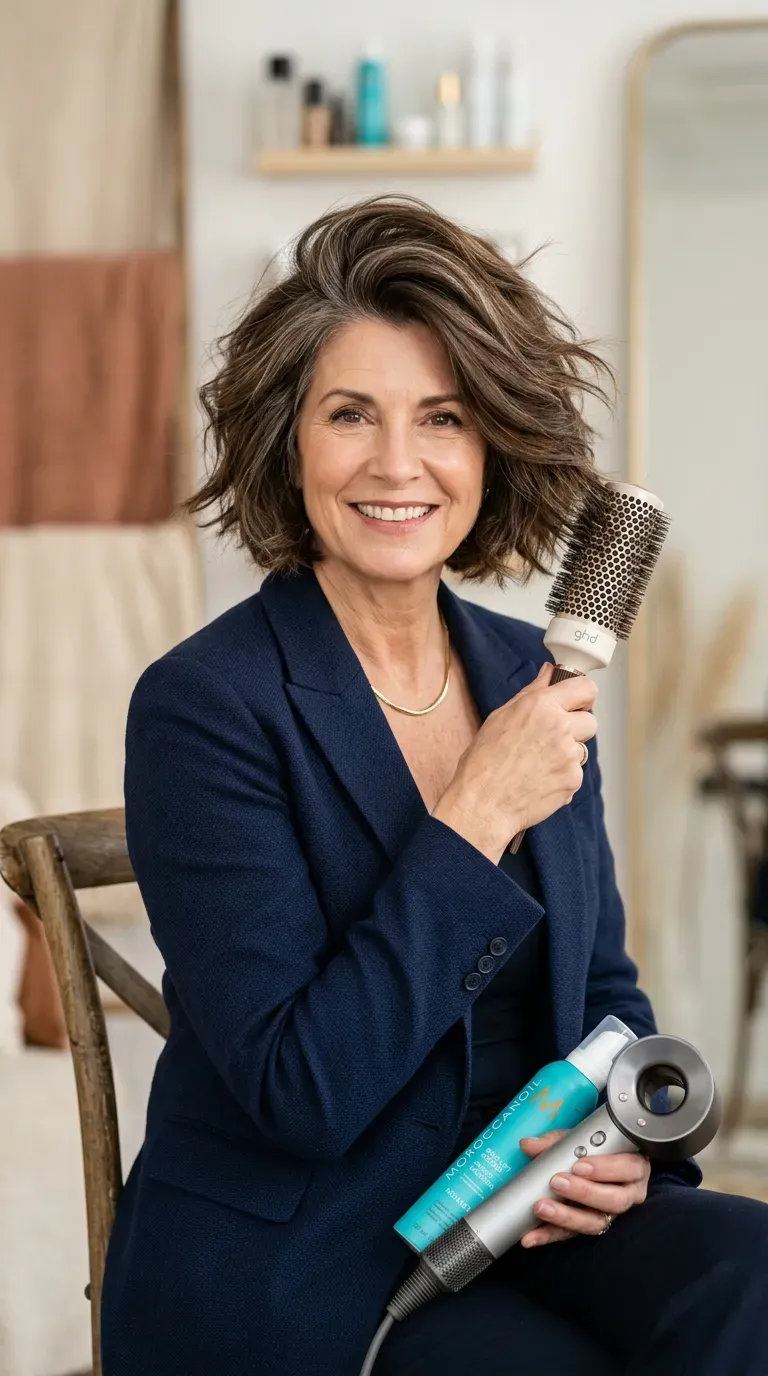 Woman over 60 with a textured choppy bob styled with lifted root volume