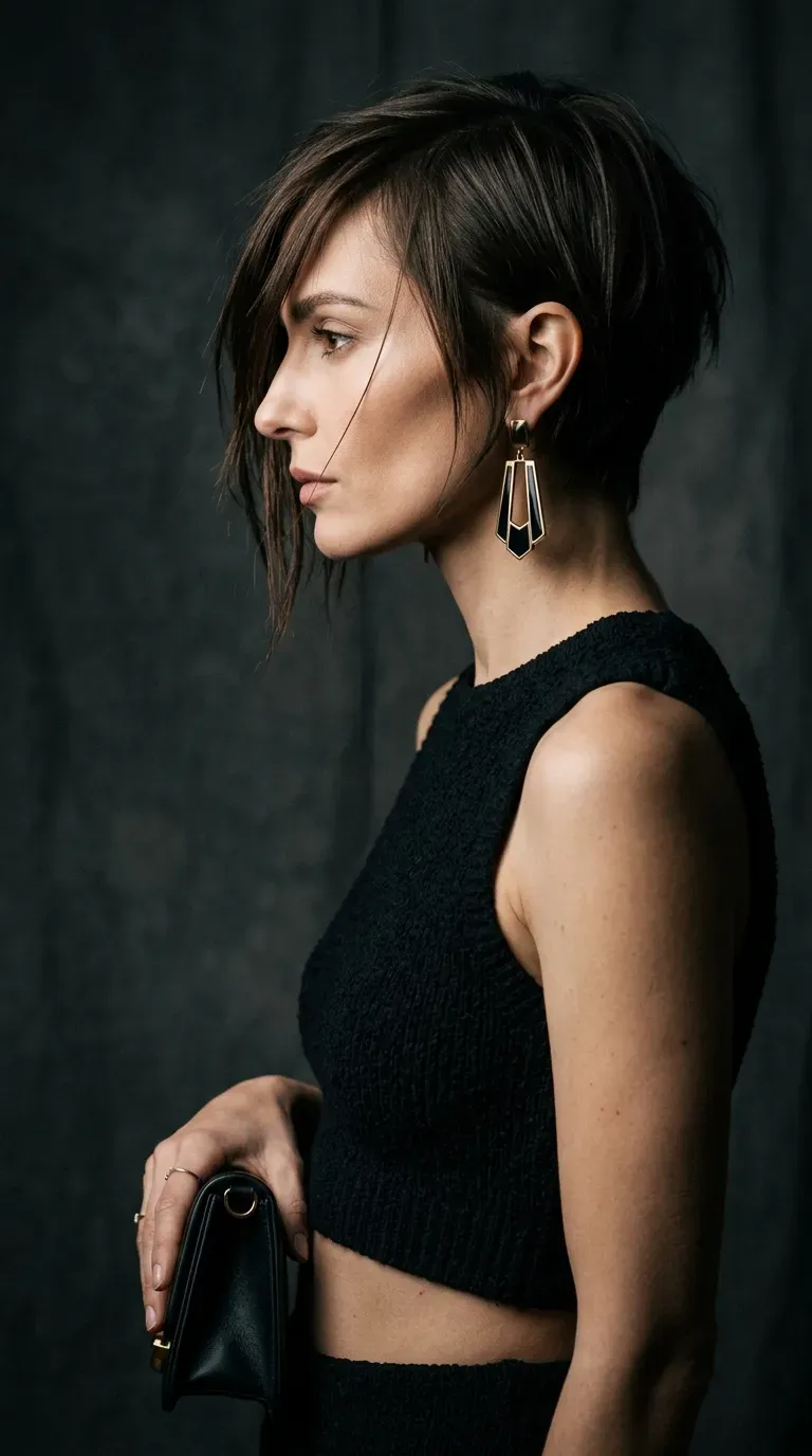 Woman with thin fine hair wearing a textured crop with asymmetrical bangs longer on one side