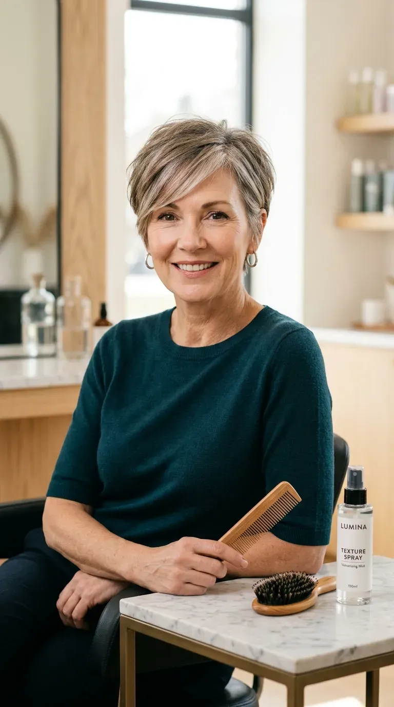 Woman over 50 with a textured crop and a soft, swept fringe