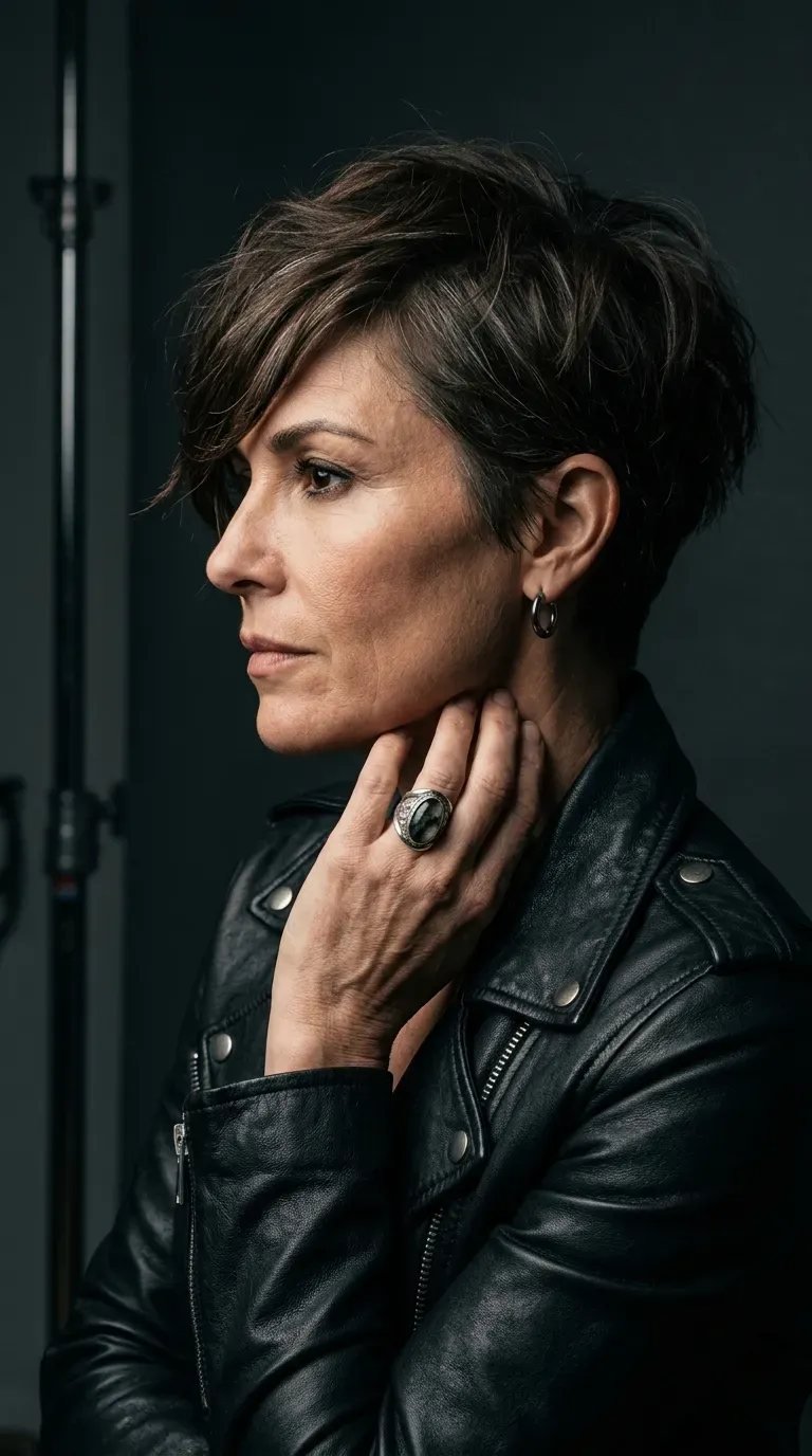 Woman over 40 with textured crop haircut and side-swept fringe styled with texture