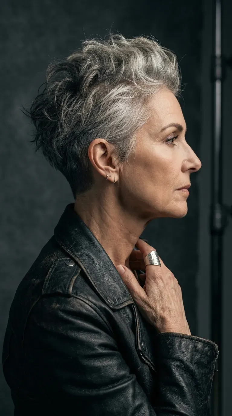 Woman over 60 with textured crop haircut and subtle undercut styled with edgy contrast