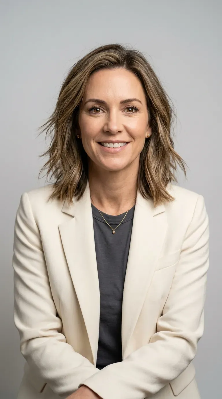 Woman over 40 with textured shoulder-length lob haircut styled with soft ends