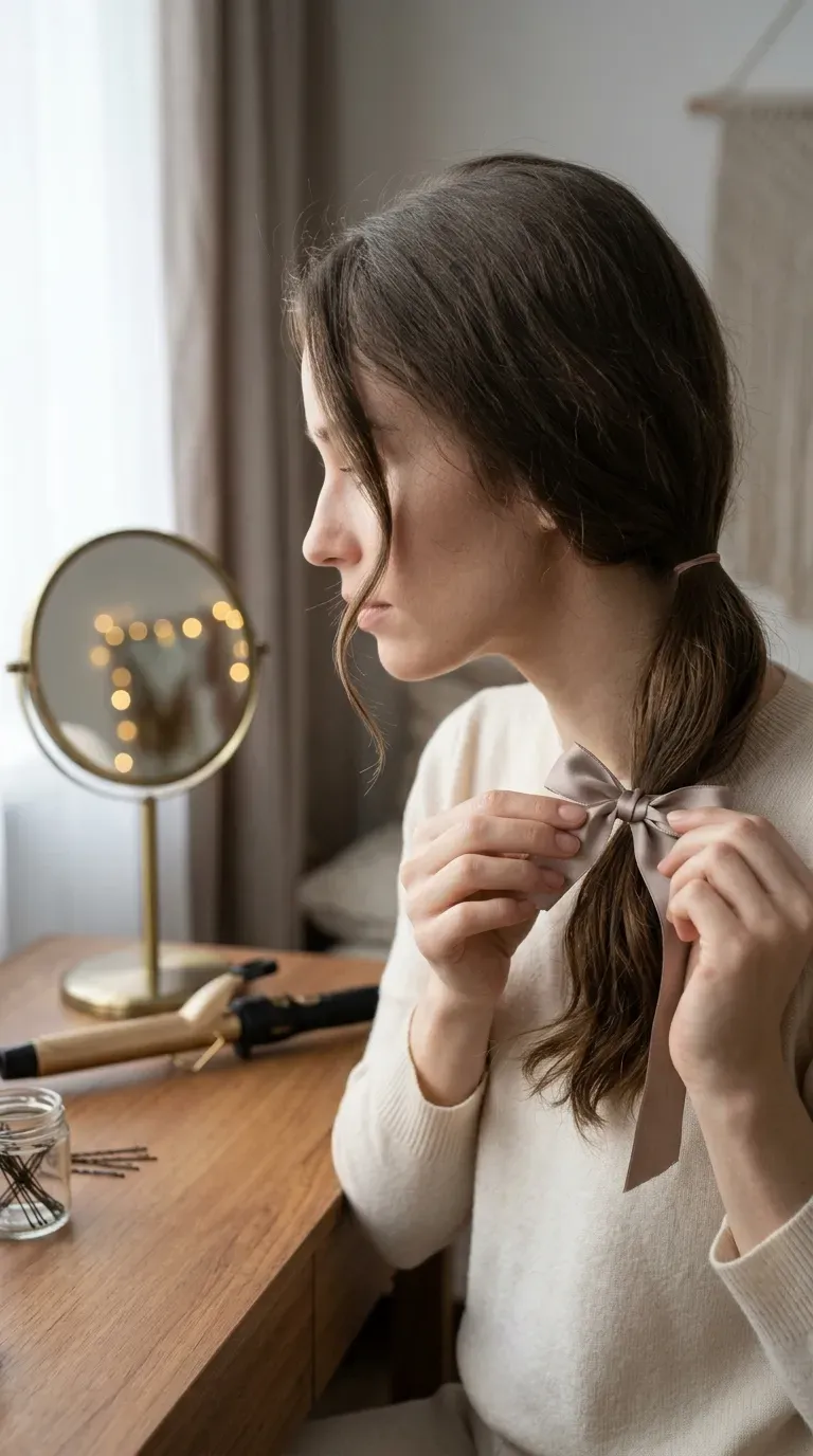 Woman with fine hair styling a textured low ponytail with soft face-framing pieces