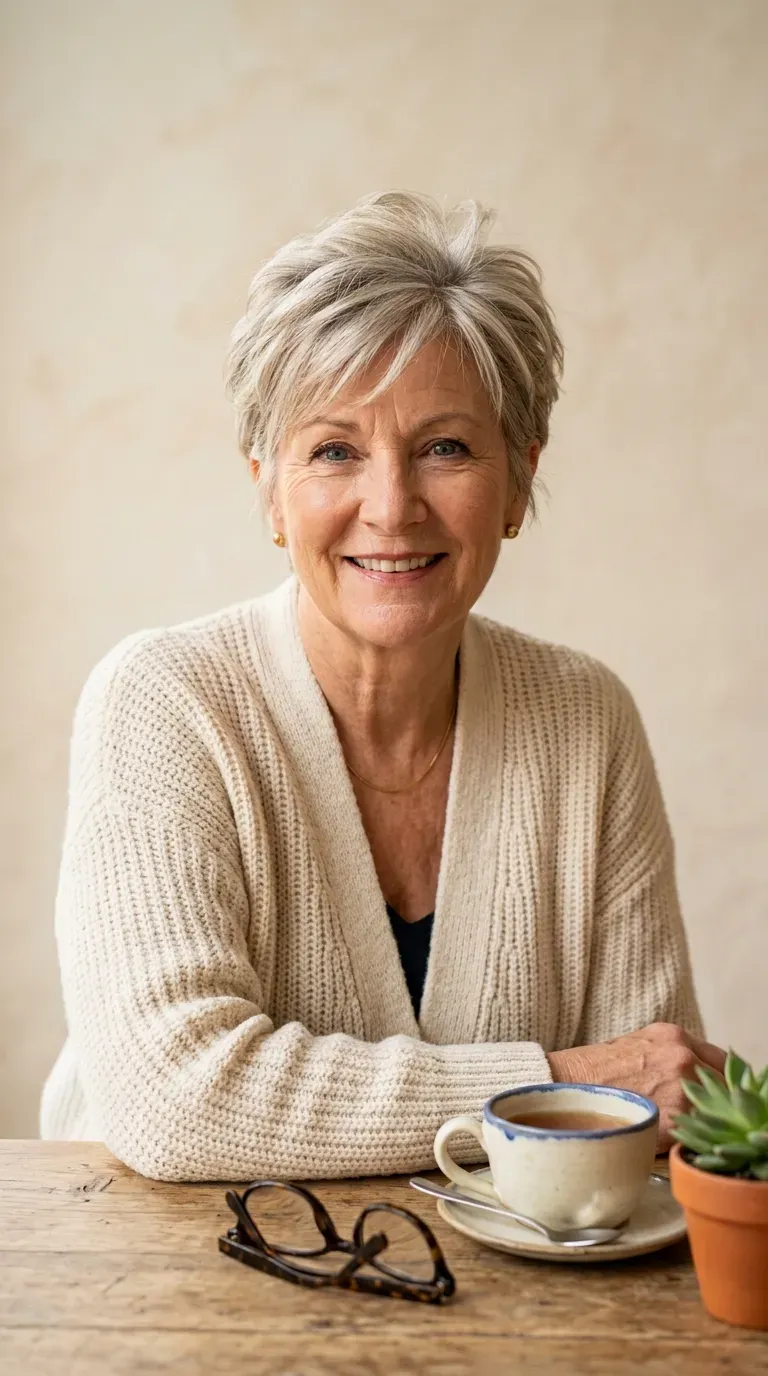 Woman over 60 with textured gray-blonde pixie cut styled with soft volume at the crown