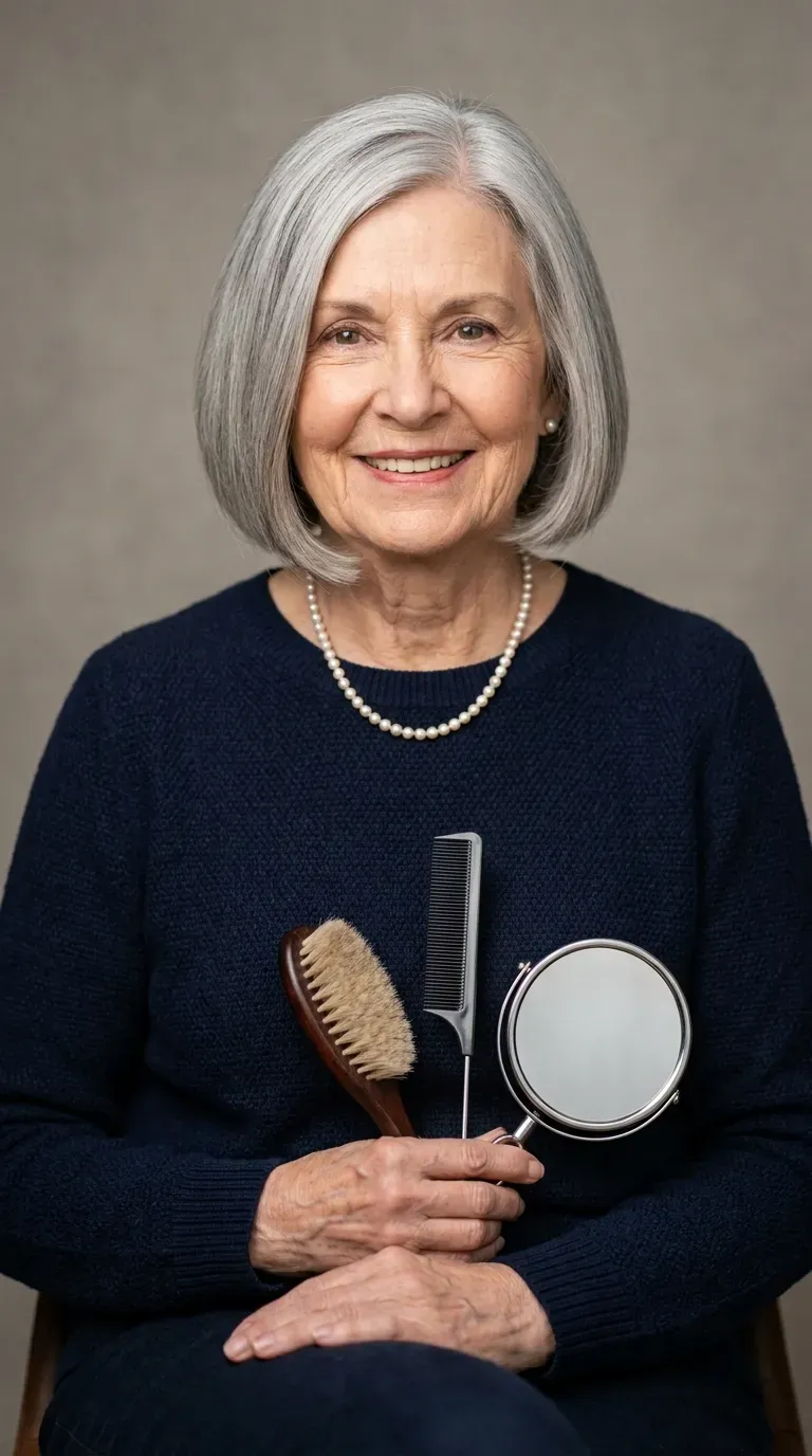 Elderly woman with a textured pixie cut featuring extra length on top