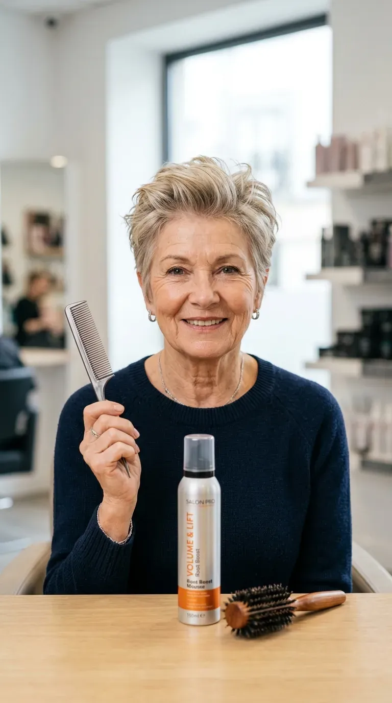 Elderly woman with a textured pixie cut styled with lifted roots for volume