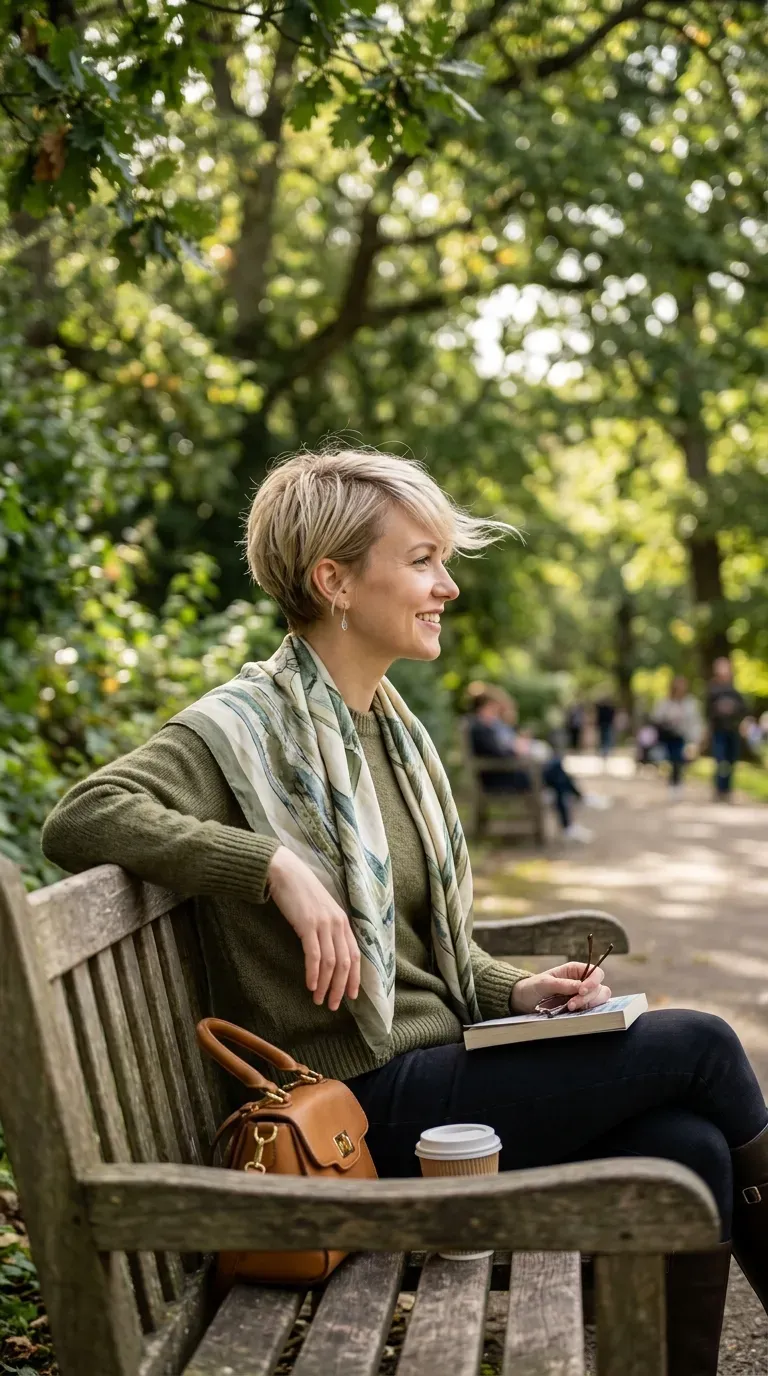 Woman with thin fine hair wearing a textured pixie with a side-swept fringe