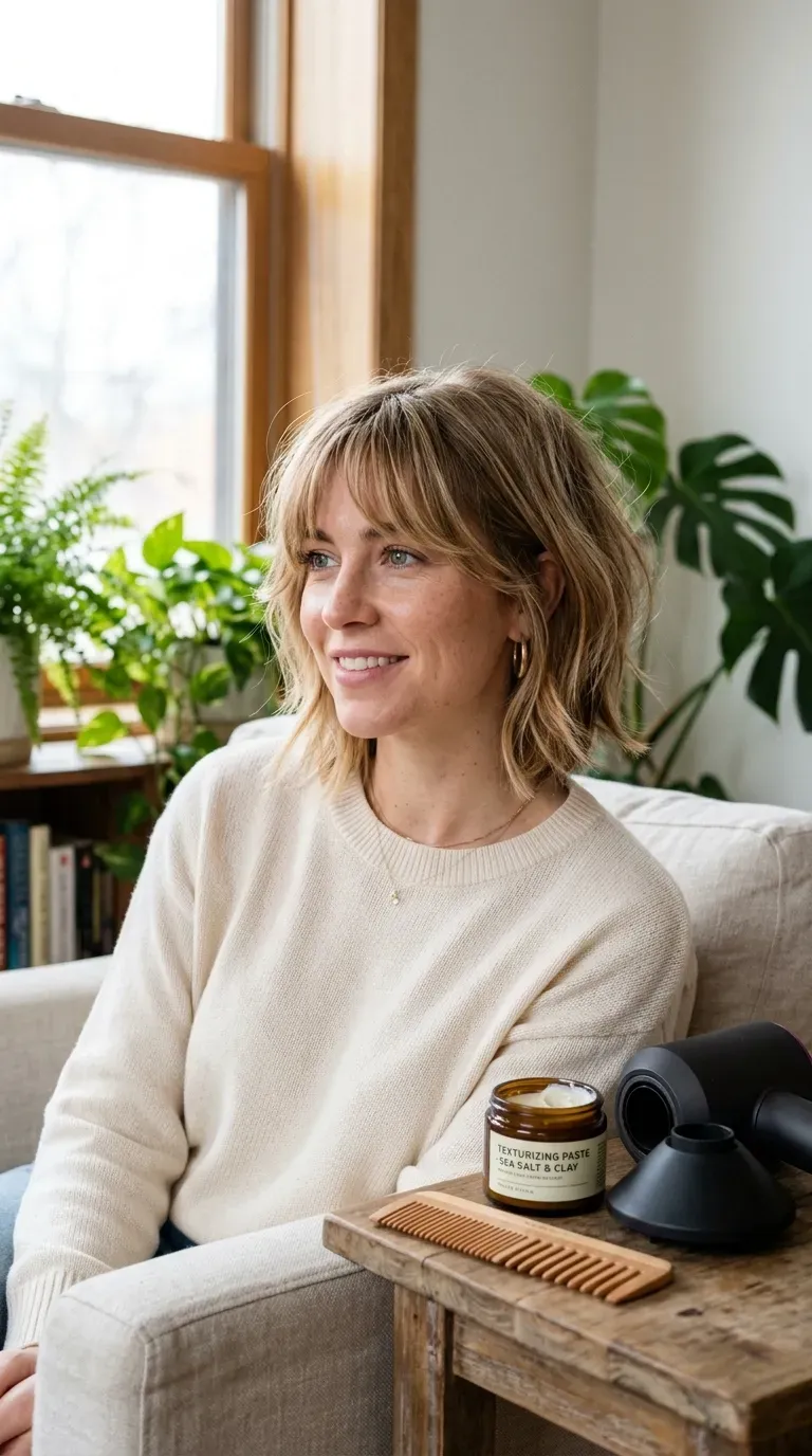 Woman with a textured stacked bob and soft wispy bangs framing her forehead