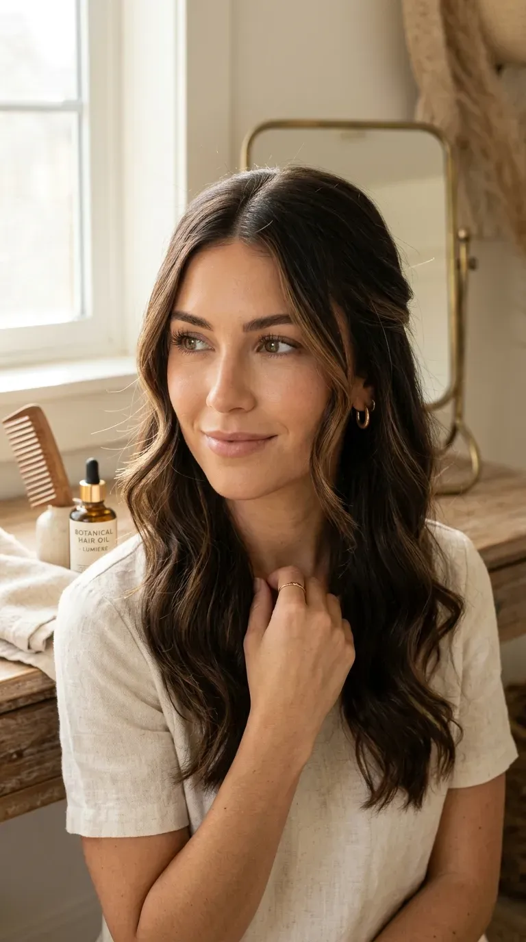 Brunette woman with a subtle tone-on-tone money piece framing her face in soft waves