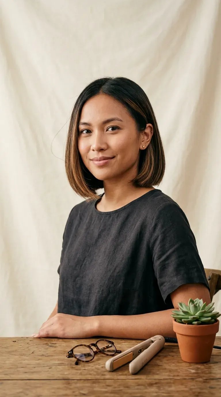 Woman with a chin-length bob featuring subtle tone-on-tone balayage highlights and soft face framing
