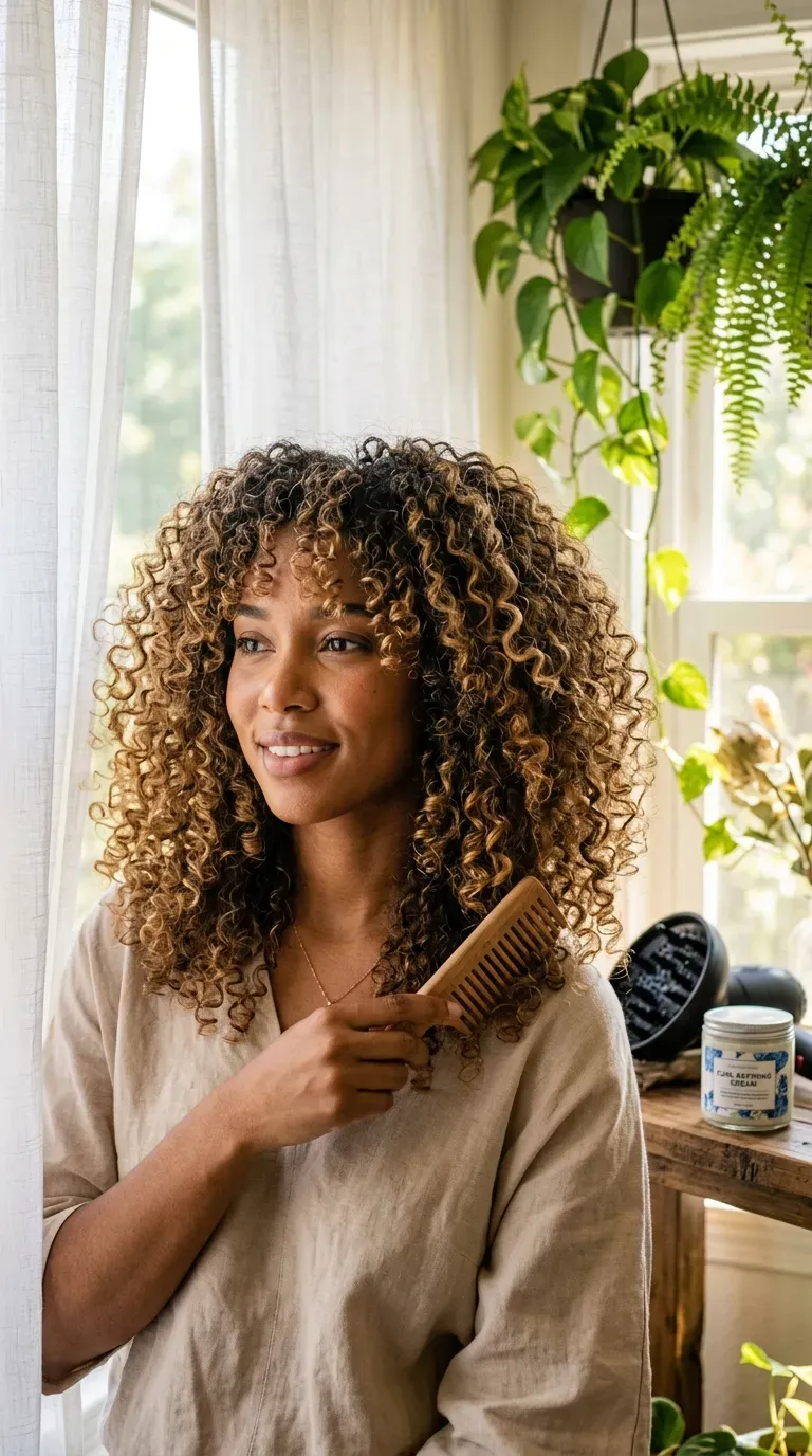 Woman with defined curly brunette hair featuring subtle tone-on-tone balayage woven through the curls