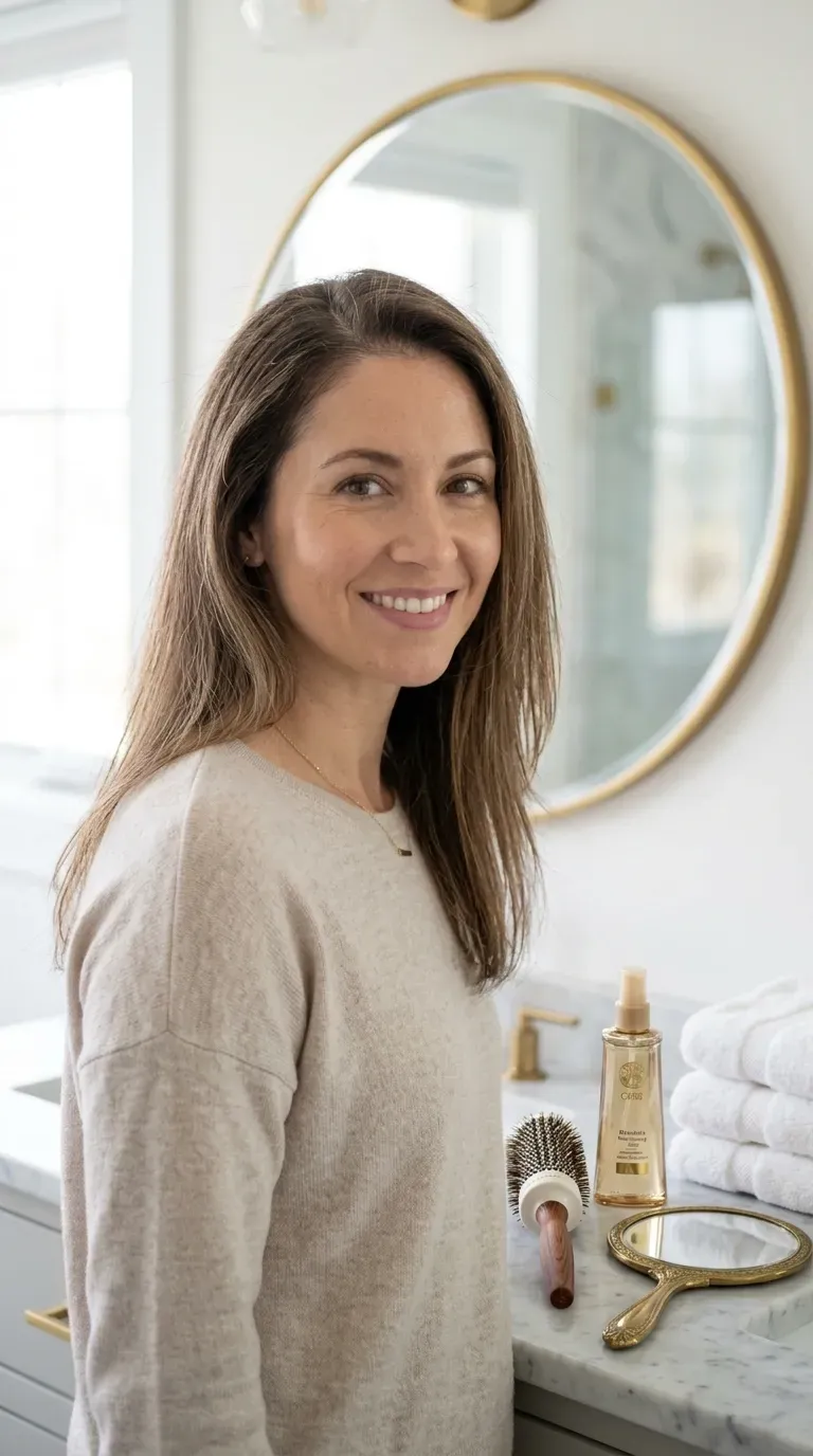 Woman with fine thin brunette hair styled with delicate tone-on-tone balayage for the look of fullness