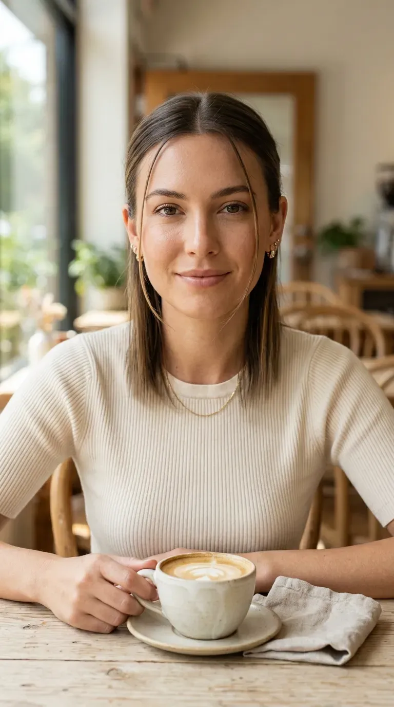 Woman with an oval face shape wearing subtle tone-on-tone balayage highlights placed evenly along the cheeks